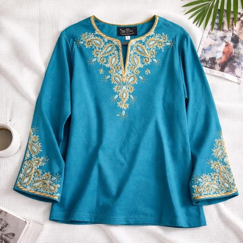 Bob Mackie XL Wearable Art Teal Embroidered Vintage Paisley Tunic Top Y2K Gypsy‎